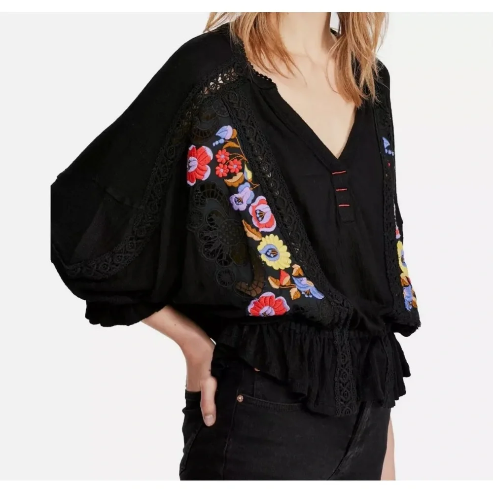 Free People Black Ruffled Embellished Long Sleeve Blouse - Picture 2 of 15